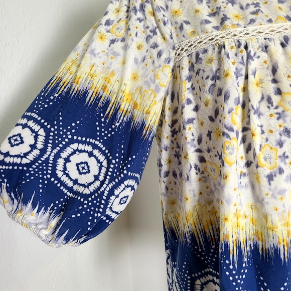 Figueroa & Flower Floral Blue & Yellow  Boho Top, Size Large - Picture 5 of 10